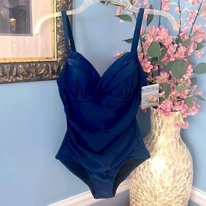Brand New Seekers Navy Blue Tummy Control Slimming Ruched One-Piece Swimsuit